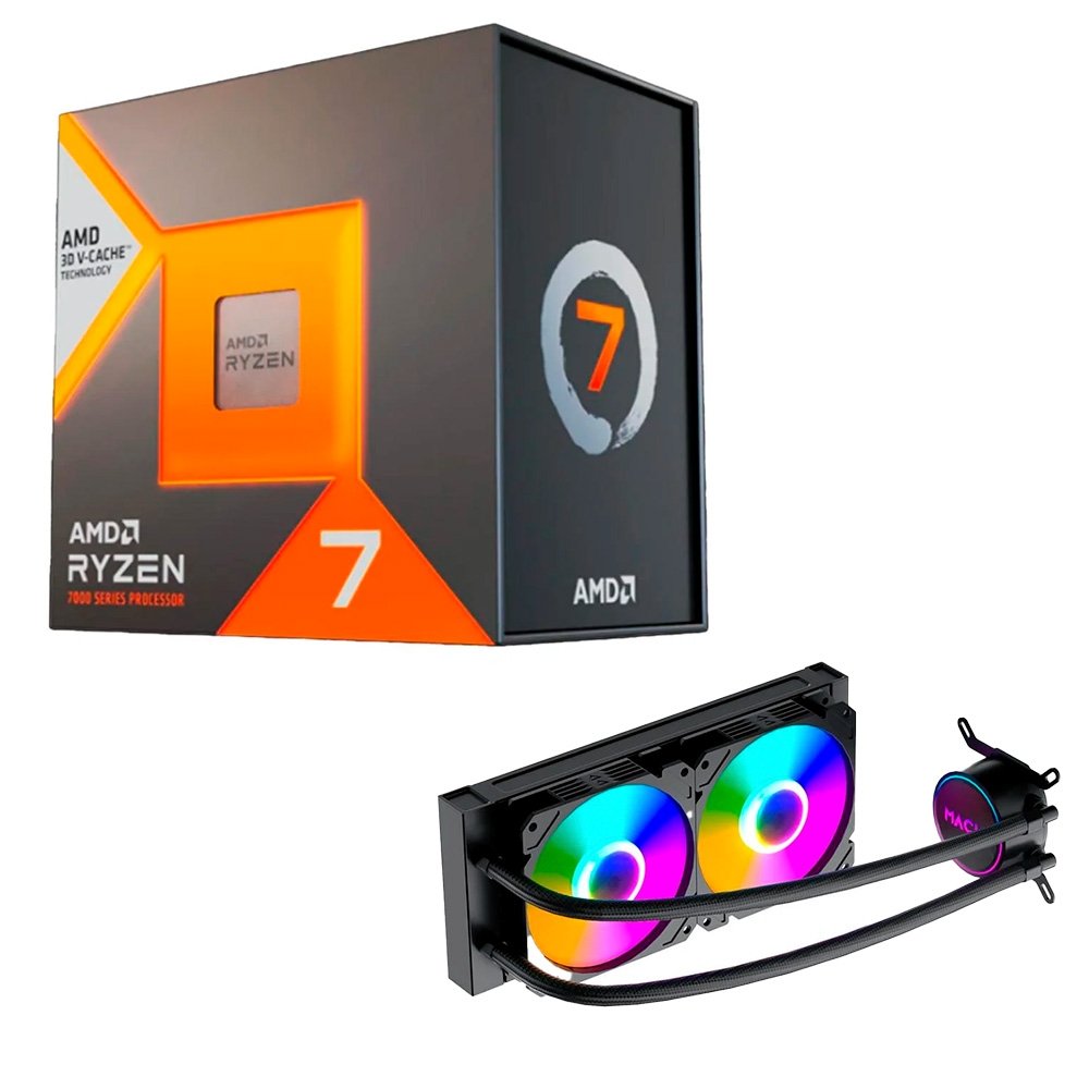 Processador AMD Ryzen 7 7800X3D, 4.2GHz (5.0GHz Max Turbo), Cache 104MB, 8 Núcleos, 16 Threads, AM5, Com Vídeo Integrado - 100-100000910WOF  + Water Cooler MACH1 Logic, RGB, 240mm, AMD e Intel, Preto - GK240