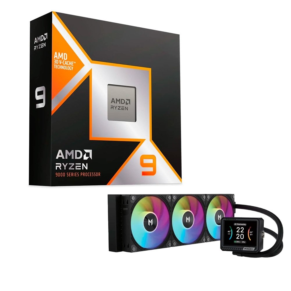Processador AMD Ryzen 9 9900x3d, 4,4 GHz, (Máx Boos Clock Até 5,5 GHz), Cache 140MB, 12 Núcleos, Threads 24, AM5 - 100-100001368WOF  + Water Cooler MACH1 GLACIAL, ARGB, 360mm, AMD e Intel, Preto - IMV360BK