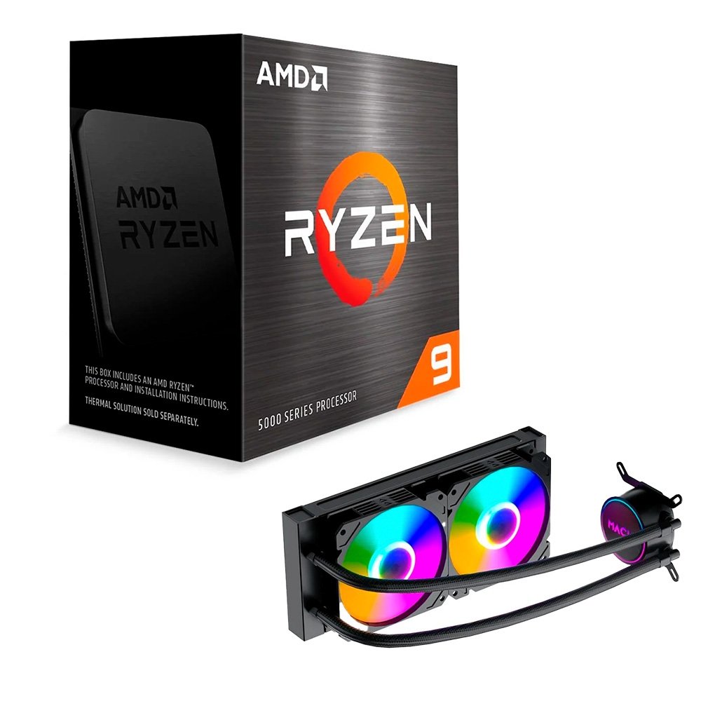 Processador AMD Ryzen 9 5900XT, 3.3 GHz (4.8 GHz Max Turbo), Cache 64MB, 16 Núcleos, 32 Threads, AM4, Sem Vídeo Integrado - 100-100001581WOF  + Water Cooler MACH1 Logic, RGB, 240mm, AMD e Intel, Preto - GK240