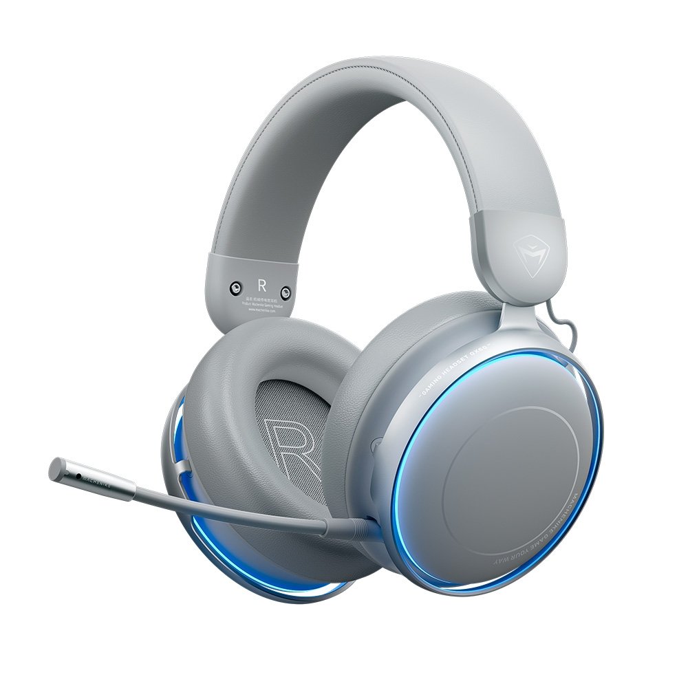 Headset Gamer Machenike GX60 Bluetooth 5.4, Som Surround 7.1, Drivers 53mm, Wireless 2.4Ghz 15ms, ANC -48dB, Bateria 98hrs, LED Azul Gelo - Cinza