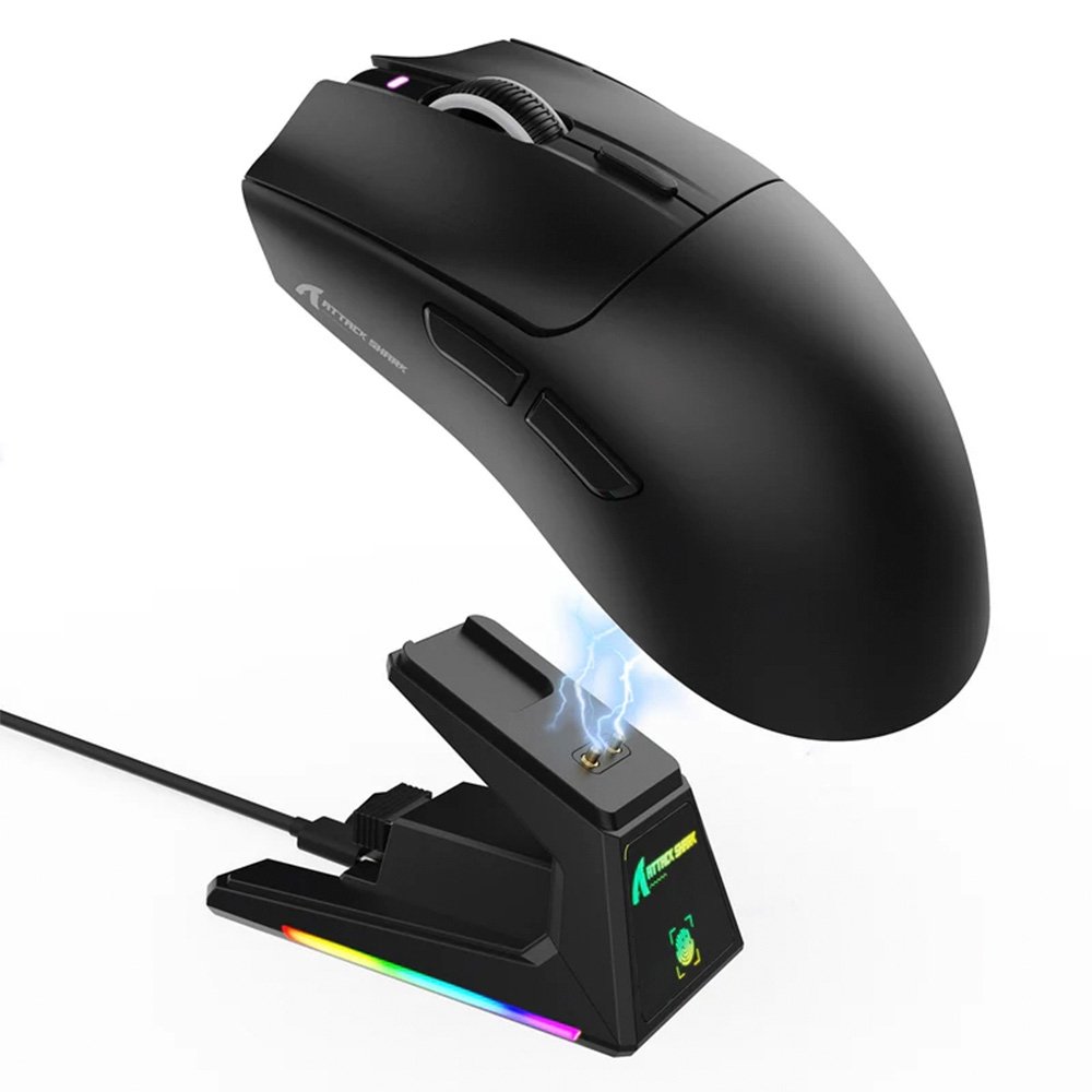 Mouse Gamer sem Fio Attack Shark X1 Ultraleve com Base de Carregamento Magnético RGB, Tri-Mode, 40.000 DPI, Sensor Óptico PAW3395 PRO, 6 Botões - Preto