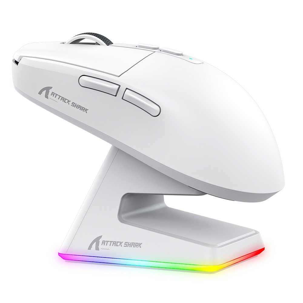 Mouse Gamer sem Fio Attack Shark X6 Ultraleve com Base de Carregamento Magnético RGB, Tri-Mode, 26.000 DPI, Sensor Óptico PAW3395, 7 Botões Programáveis - Branco