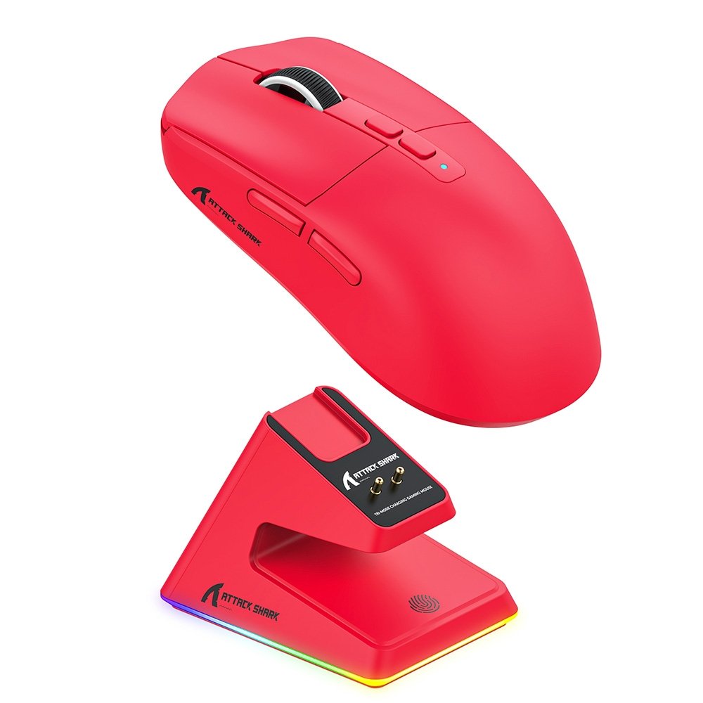 Mouse Gamer sem Fio Attack Shark X6 Ultraleve com Base de Carregamento Magnético RGB, Tri-Mode, 26.000 DPI, Sensor Óptico PAW3395, 7 Botões Programáveis - Vermelho