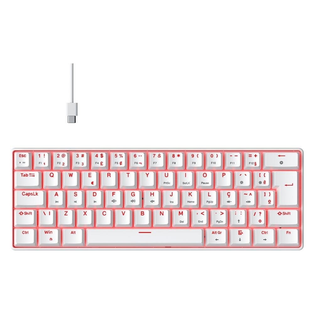 Teclado Mecânico Gamer Hyrax Thunder HCK61, LED Vermelho, Switch Red, 100% anti-ghosting, ABNT2, Branco - HCK61W-RED-LED
