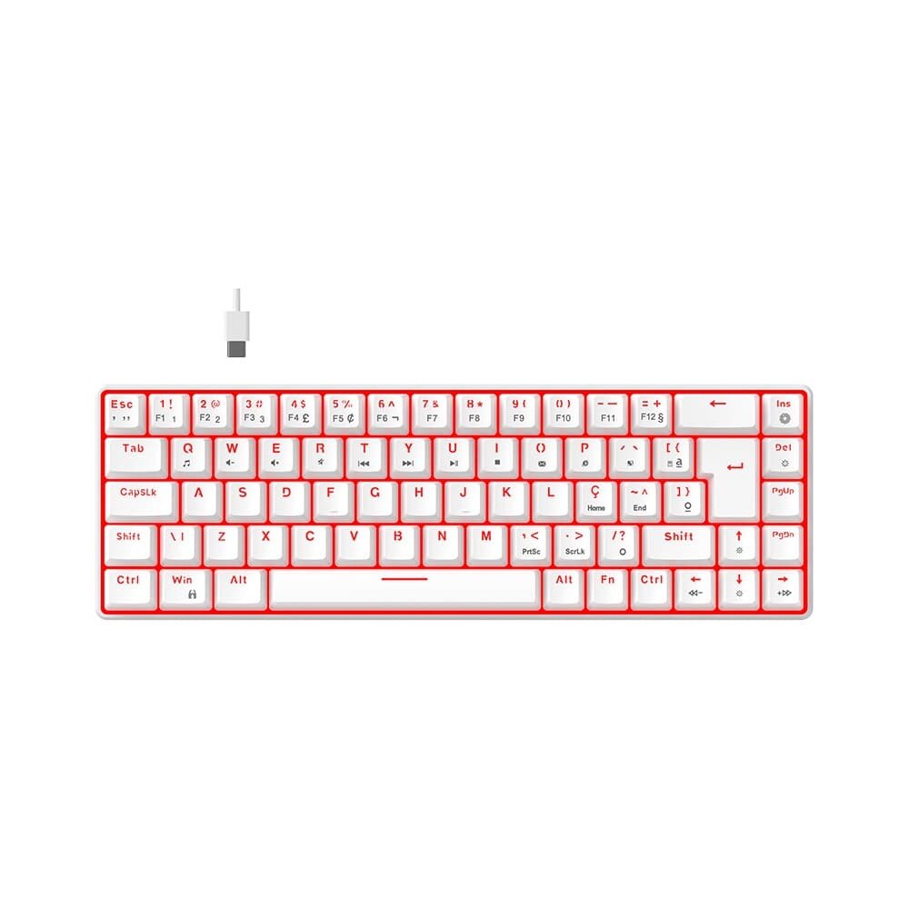 Teclado Mecânico Gamer Hyrax Thunder Pro, Switch Huano Marrom, LED Vermelho, Layout 65%, USB-C, ABNT2, Branco - HCK65W-BROWN-LED