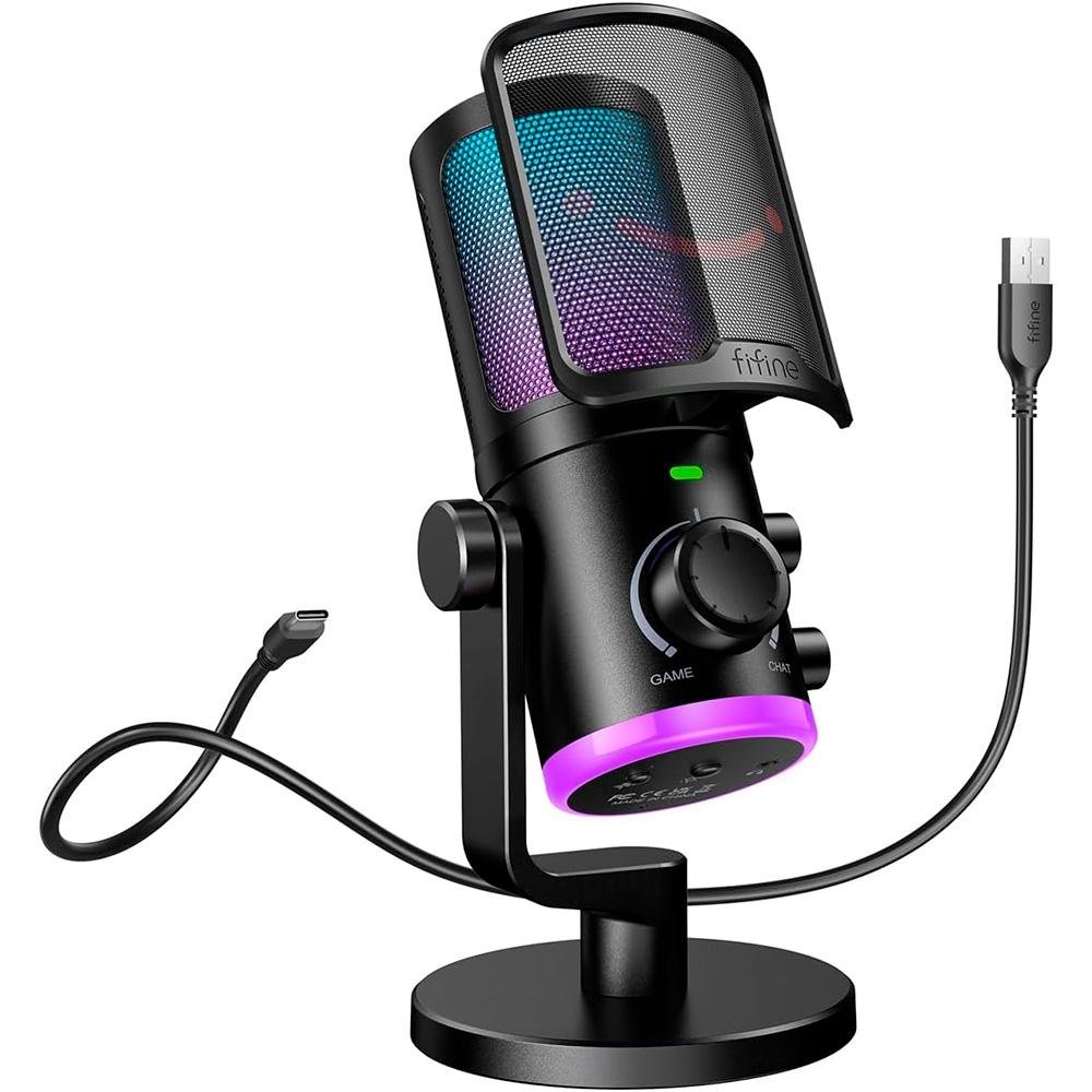 Microfone Gamer Fifine Ampligame AM6 RGB, USB-C, Anti-Ruído e Ganho, Preto - AM6