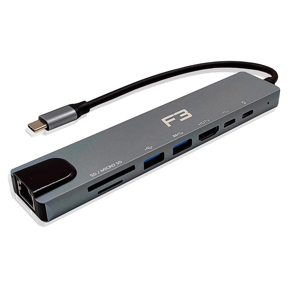 Hub F3 Adaptador Type-c 8 em 1, para HDMI, Type-c, USB 3.0, USB 2.0, Micro SD SDe LAN - JC-TYC-860