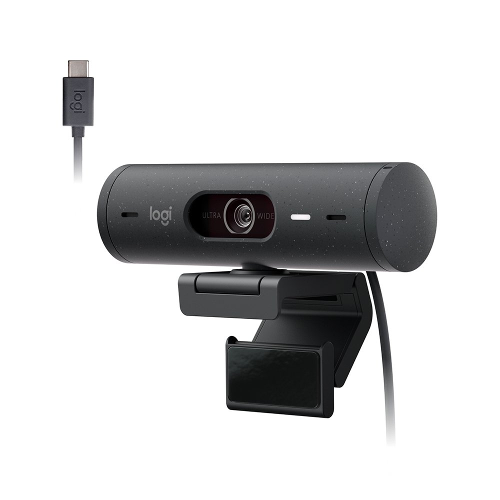 Webcam + Suporte Logitech Brio 500 Full HD, 1080p, 30 FPS, com Microfones Duplos, USB, Suporte Incluso, Grafite - 960-001412