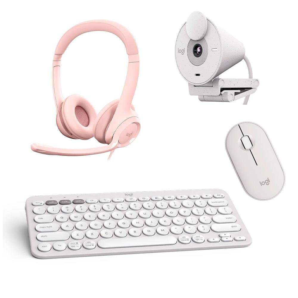 Kit Personalidade Logitech Webcam Brio 300+ Mouse Sem Fio Pebble 2 M350s + Teclado Sem Fio Pebble Keys 2 K380s + Headset H390
