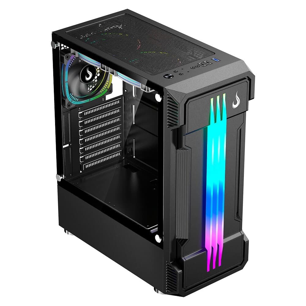 Gabinete Gamer Rise Mode Zeus Glass 01, Mid Tower, Led Frontal customizável, Lateral em Vidro, Sem FANs, Preto - RM-CA-ZE-01-FB