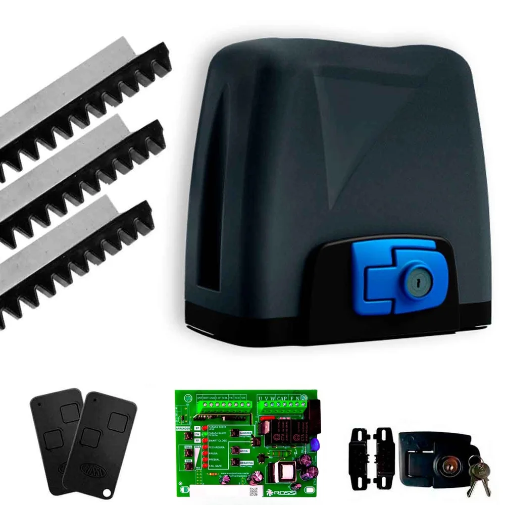 Kit Motor Automatizador Portão Eletrônico Rossi Dz Nano Vip 127v 500kg 1/4 Deslizante Com Abertura Super Rápida 3 Metros De Cremalheira - 220v