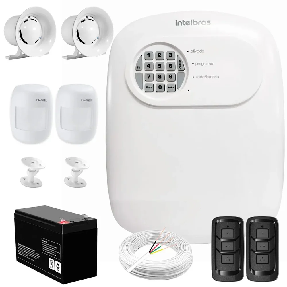 Kit Central De Alarme Anm 24 Net Intelbras + 2 Sensores Ivp 3000 Cf + Bateria + Sirenes + Cabo