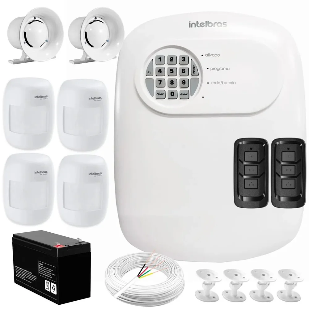Kit Central De Alarme ANM 24 Net Intelbras, 4 Sensores IVP 3000 CF, Bateria, Sirenes, Cabo