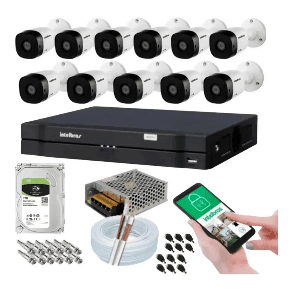 Kit 12 Câmeras Intelbras Multi Hd 1120b, DVR 16 Canais, 1TB