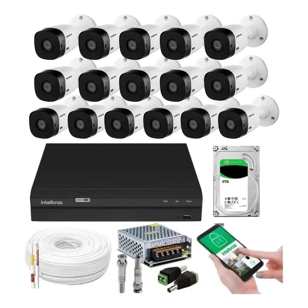 Kit 16 Câmeras Multi HD Intelbras 1120b, DVR 16 Canais, Com HD