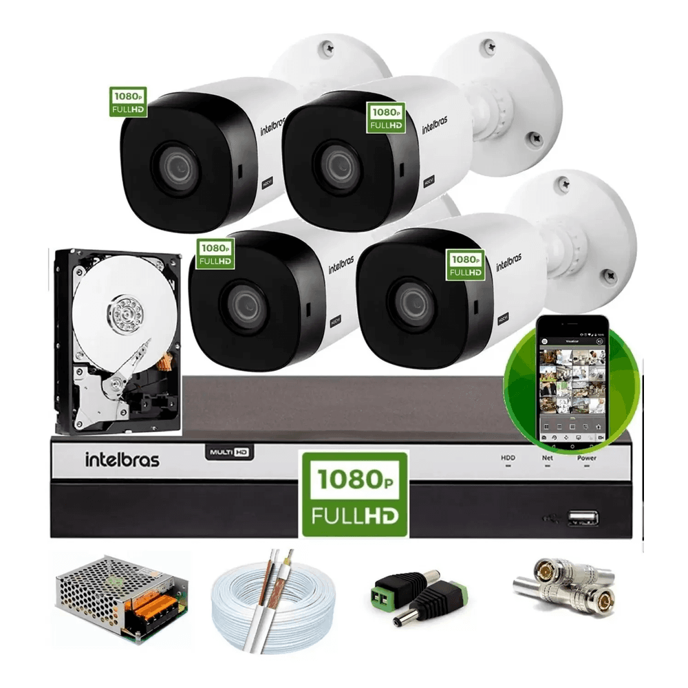 Kit Intelbras 4 Cam 1220b FULL HD, DVR, Mhdx 3004c FULL HD, C/ HD 1TB