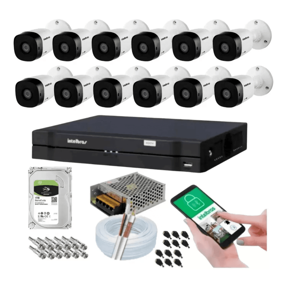 Kit 12 Câmeras Multi Hd, Intelbras 1120b, DVR 16 Canais, Com HD 1TB