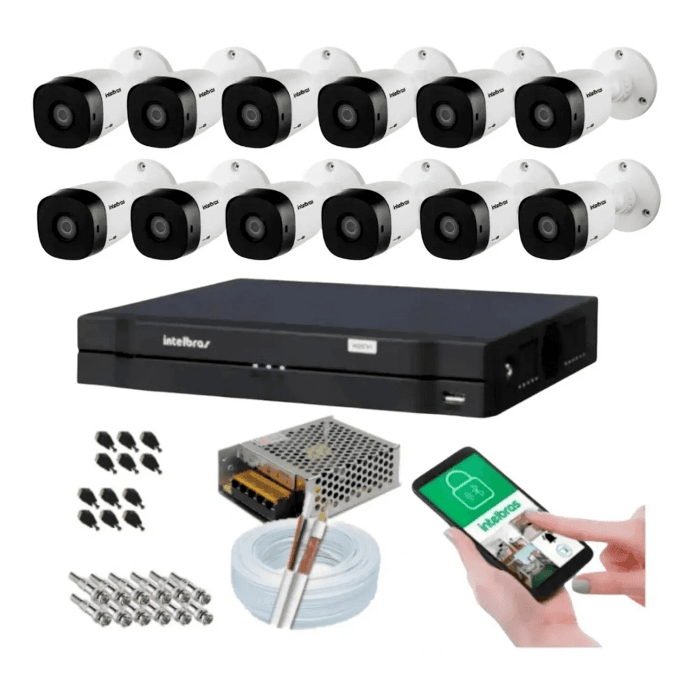 Kit 12 Câmeras Intelbras Multi HD 1120b, DVR 16 Canais, S/ HD
