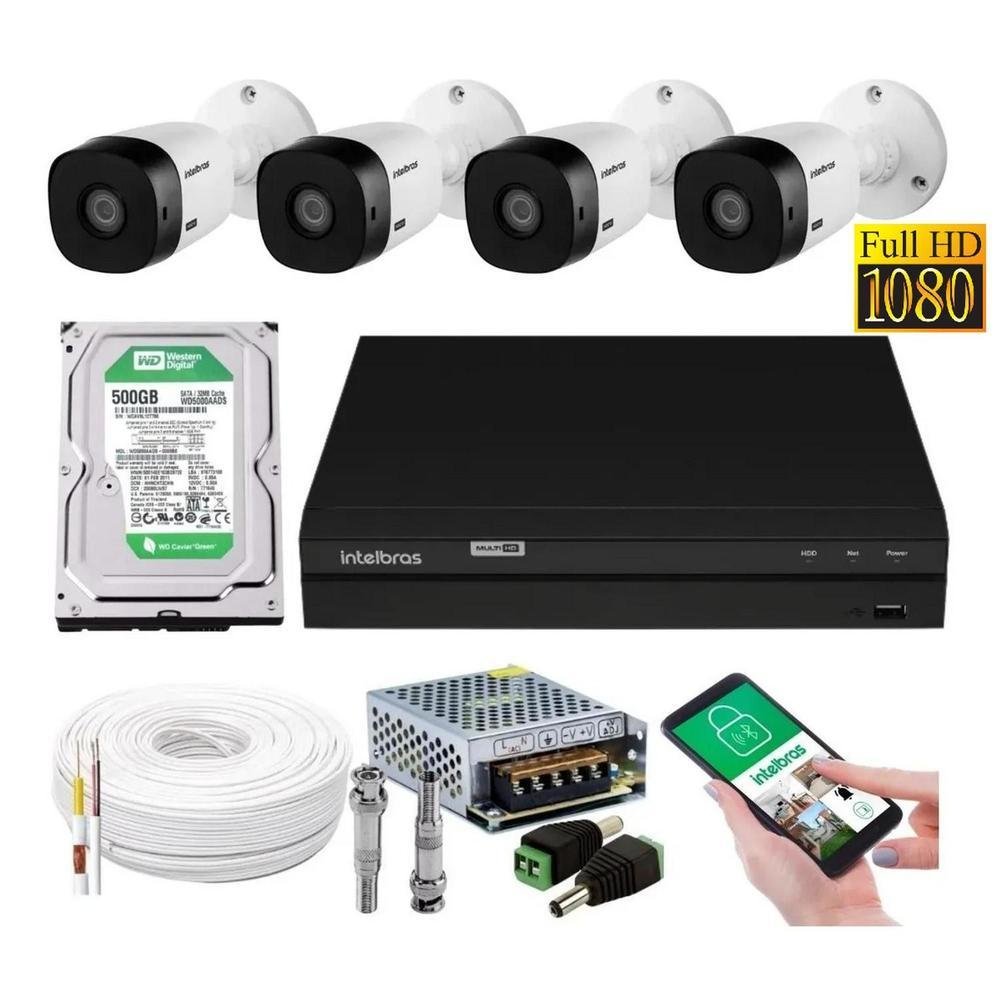 Kit 4 Camera De Seguranca, Intelbras 2mp 1220b Dvr 4 Canais Multi Hd