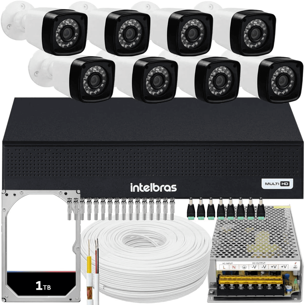 Kit 8 Cameras Segurança 1080p Full Hd Dvr Intelbras 8ch 1008c Mhdx Com Hd 1tb