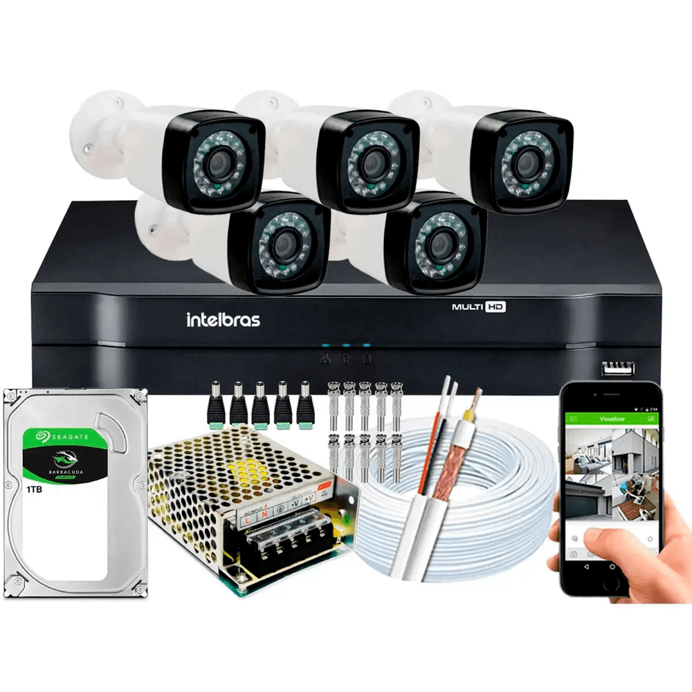 Kit Cftv 5 Câmeras Hd Dvr Intelbras Mhdx Full Hd C/hd