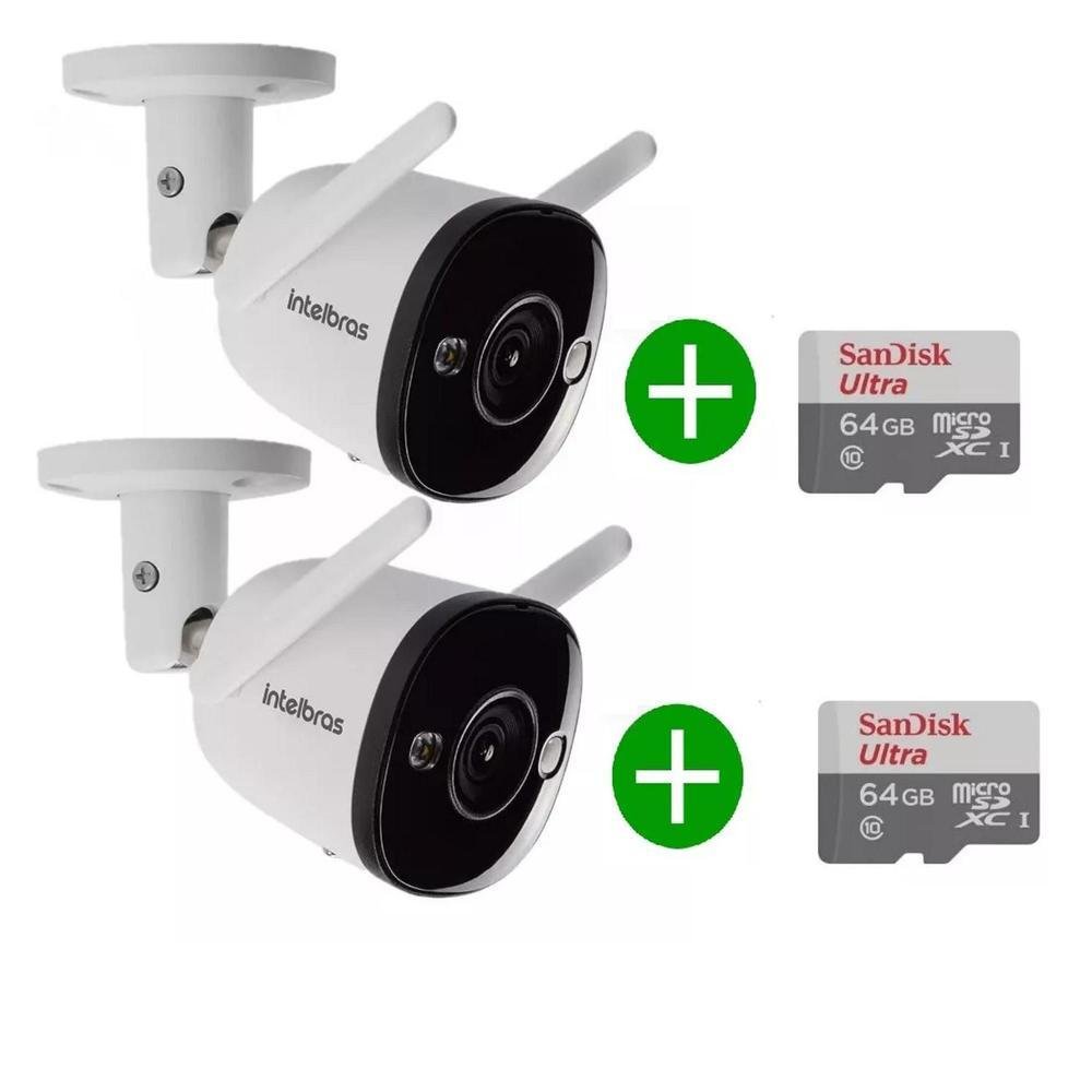 Kit 2 Câmera Intelbras Im5 Colorida Dia Noite Fala E Escuta Com Sirene + Cartão De Memoria 64gb