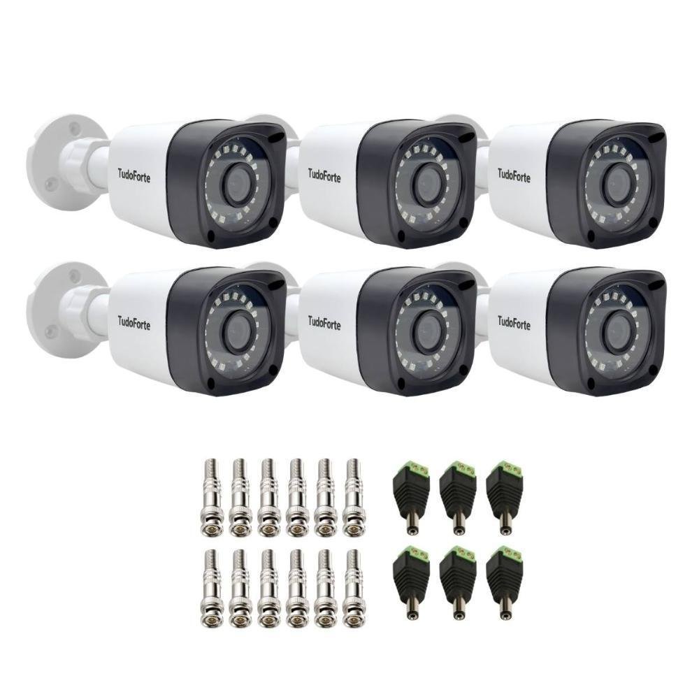 Kit 6 Câmeras, Bullet, FULL HD, 1080p, Lente 2.8mm, Visão Noturna 20m, Ip66 + Conectores