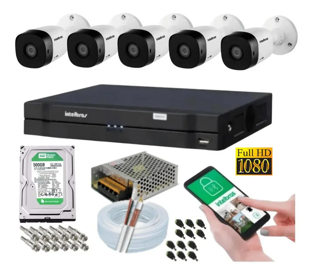 Kit 5 Camera De Seguranca, Intelbras 2mp 1220b, Dvr 8 Canais Multi Hd