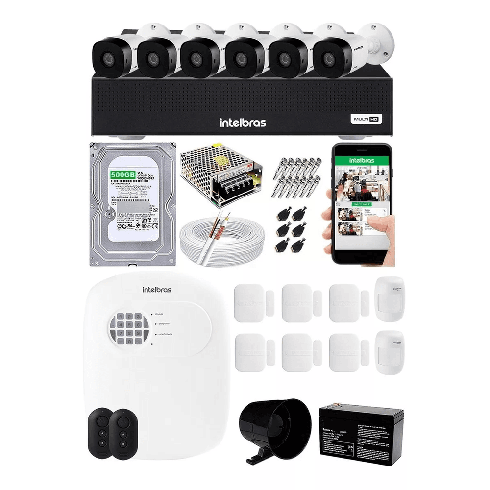 Kit Cftv 6 Câmeras Intelbras HD, 720p + Alarme Residencial Sem Fio  + HD Interno 500GB