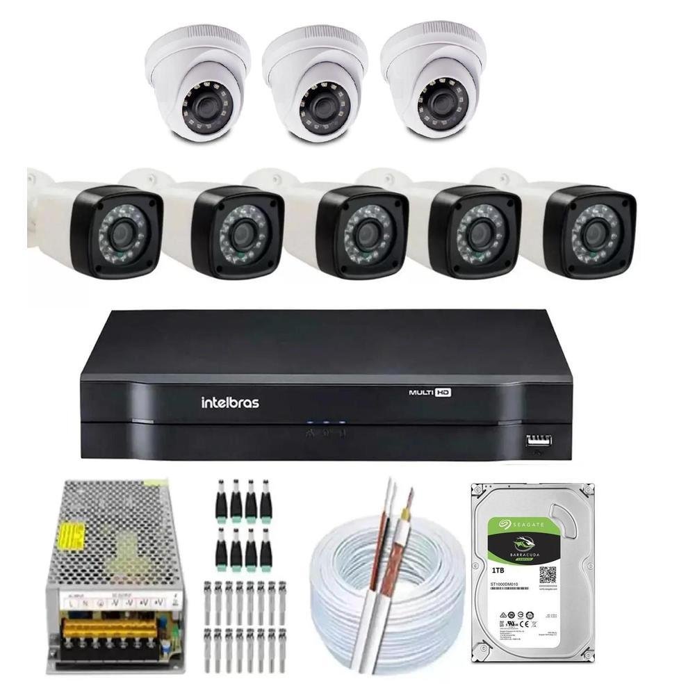 Kit DVR Intelbras 8 Canais H.265 + HD 1TB + 8 Câmeras Full HD 1080p, Infra, 20m