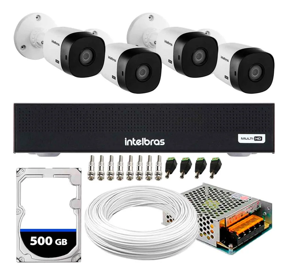 Kit 4 Câmeras Intelbras VHL 1220 B, FULL HD 1080P, Visão Noturna 20M, Proteção IP66 + DVR Gravador MHDX 1004-C 4 Canais + HD 500GB