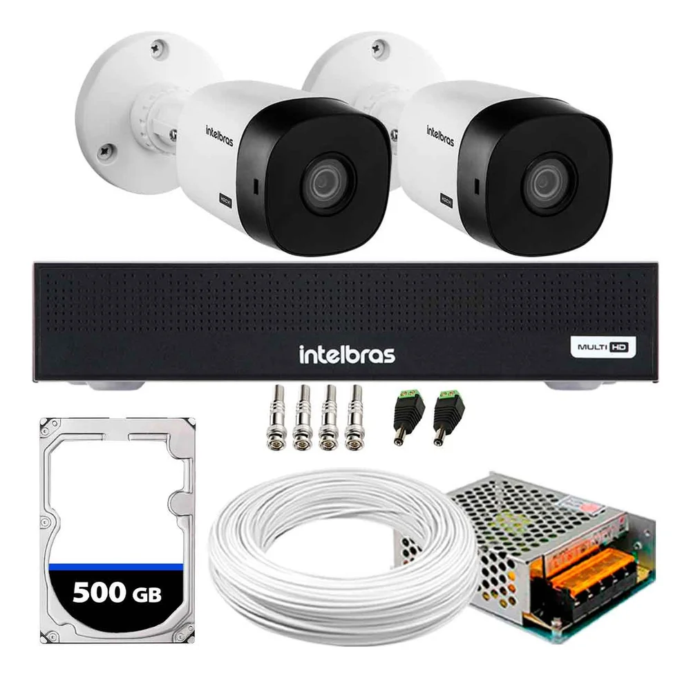 Kit 2 Câmeras Intelbras Vhl1220b Full HD 1080p, Visão Noturna, 20m, Proteção Ip66 + DVR Gravador Mhdx 1004-c 4 Canais + HD 500GB