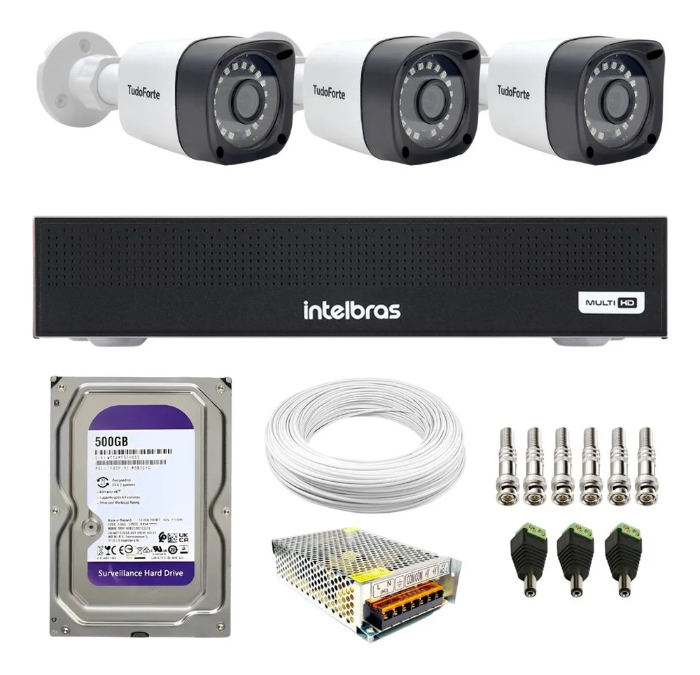 Kit 3 Câmeras Segurança Full HD + Dvr Intelbras 4 Canais + HD 500GB