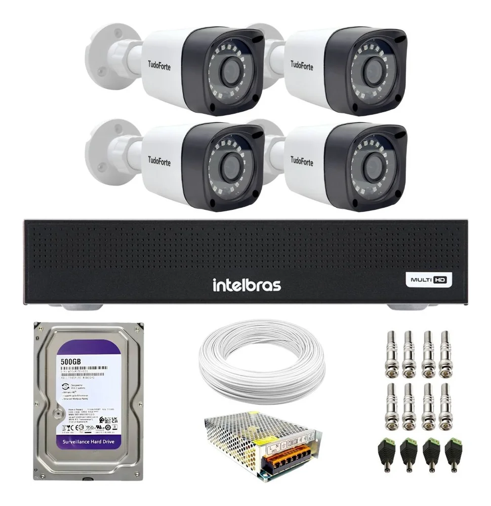 Kit 4 Câmeras Intelbras Tf 1220b, Full Hd 1080p, Visão Noturna 20m, Proteção Ip66 + Dvr Gravador Intelbras Mhdx 3004-c, 4 Canais + Hd 500gb
