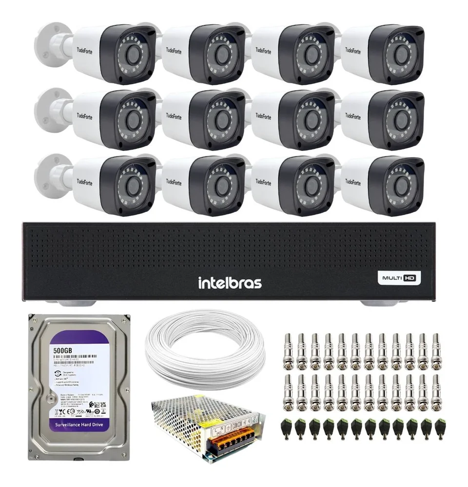 Kit 12 Câmeras Intelbras Tf 1220 B, Full Hd 1080p, Visão Noturna 20m, Proteção Ip66 + Dvr Gravador Intelbras Mhdx 3116-c 16 Canais + Hd 500gb