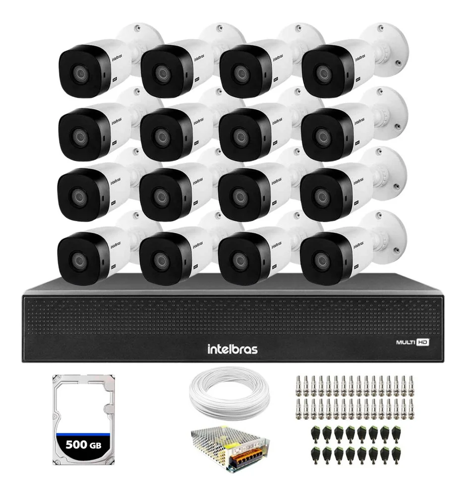 Kit 16 Câmeras Intelbras VHL 1220, FULL HD 1080P, Visão Noturna 20M, Proteção IP66 + DVR Gravador MHDX 1016C, 16 Canais + HD 500GB