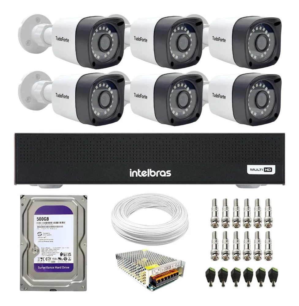 Kit 6 Câmeras Intelbras Tf 1220b, Full Hd 1080p, Com Visão Noturna 20m, Proteção Ip66 + Dvr Gravador Intelbras Mhdx 3008-c, 8 Canais + Hd 500gb