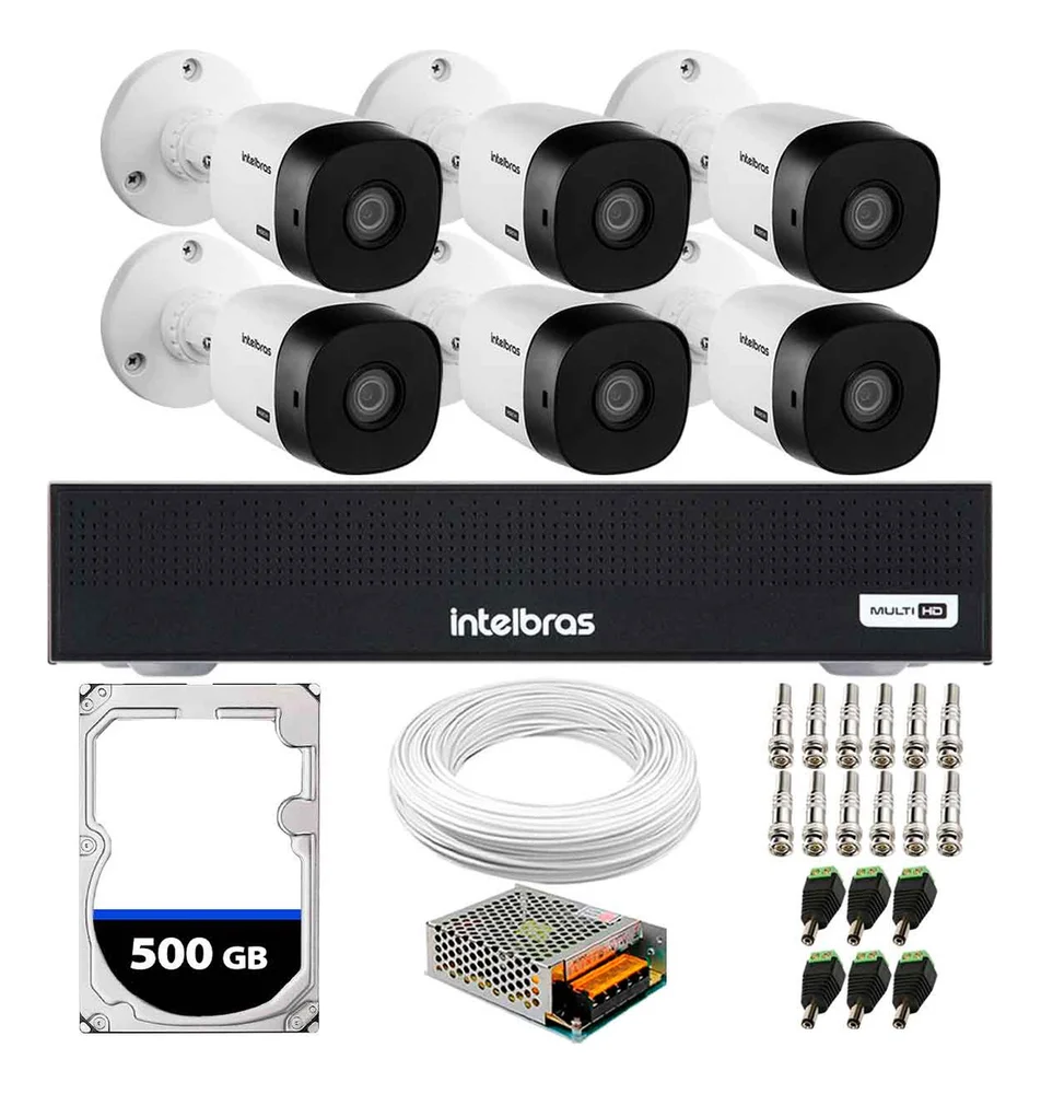 Kit 6 Câmeras Intelbras Vhl 1220 B, Full HD 1080p, Visão Noturna 20m, Proteção Ip66 + DVR Gravador Mhdx 1008-c 8 Canais + HD 500GB