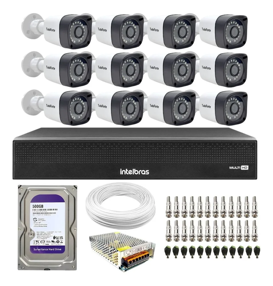 Kit 12 Câmeras Segurança Intelbras TF 1220B, FULL HD + DVR Intelbras 16 Canais + HD 500GB
