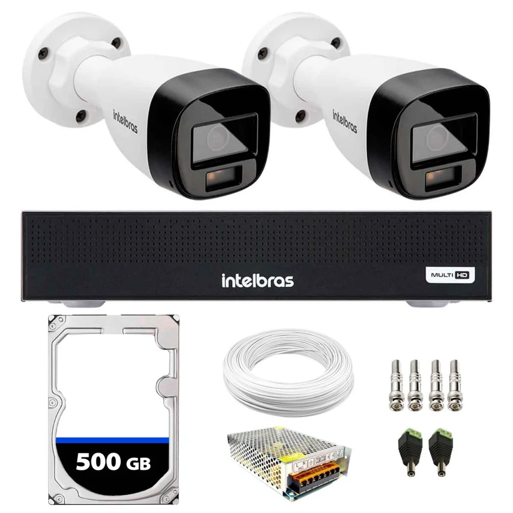 Kit 2 Câmeras Intelbras VHD 1220B, G7 FULL Color Bullet, FULL HD 1080P, MULTI HD IR 20M + DVR Gravador De Vídeo Intelbras MHDX 3004-C + HD 500GB