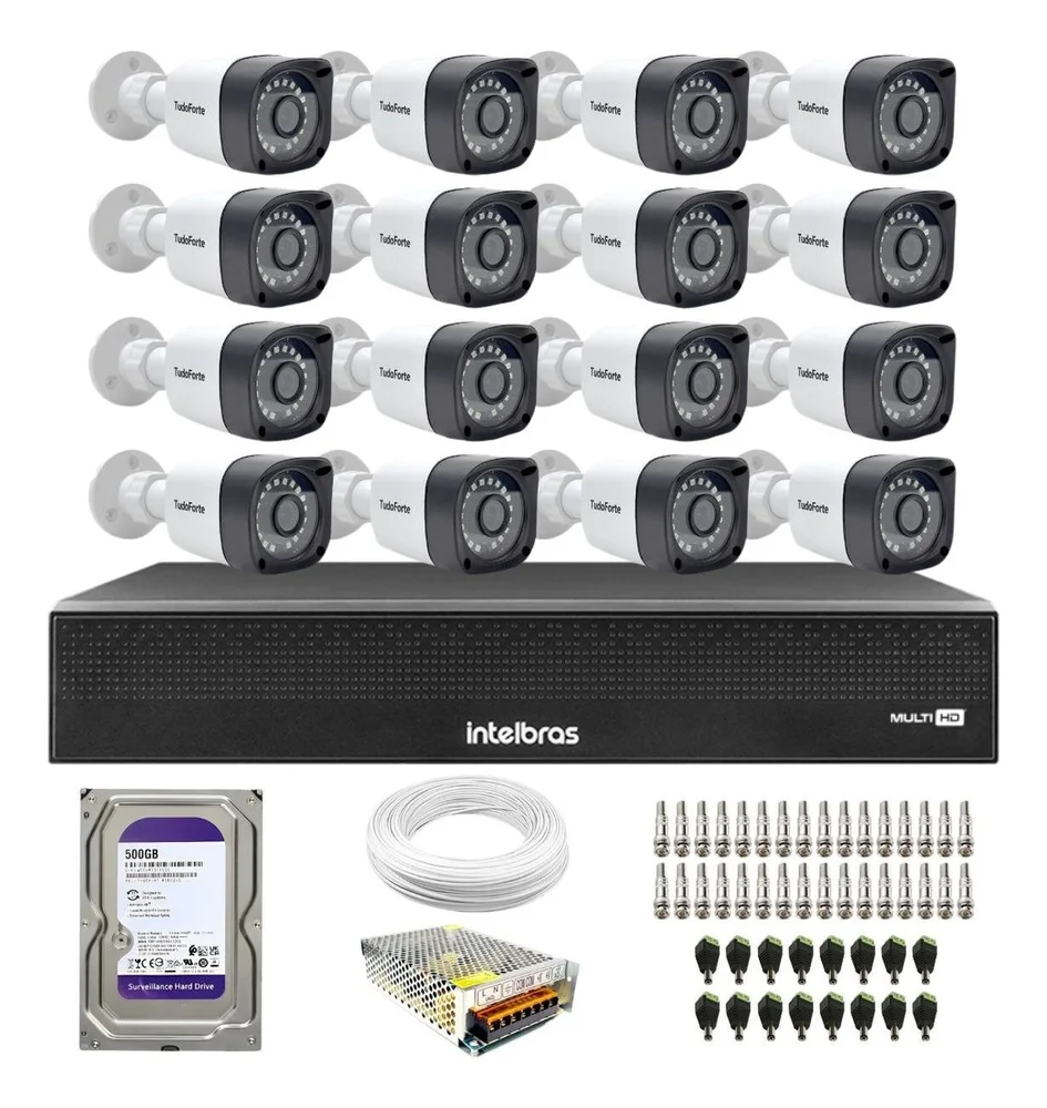 Kit 16 Câmeras Segurança Intelbras TF 1220B, FULL HD + DVR Intelbras 16 Canais + HD 500GB