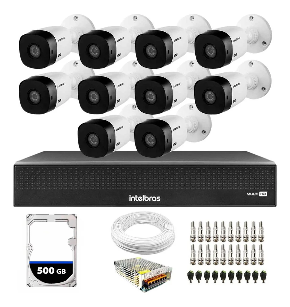 Kit 10 Câmeras Intelbras VHL1220B, FULL HD 1080P, Visão Noturna 20M, Proteção IP66 + DVR Gravador MHDX 1016-C, 16 Canais + HD 500GB