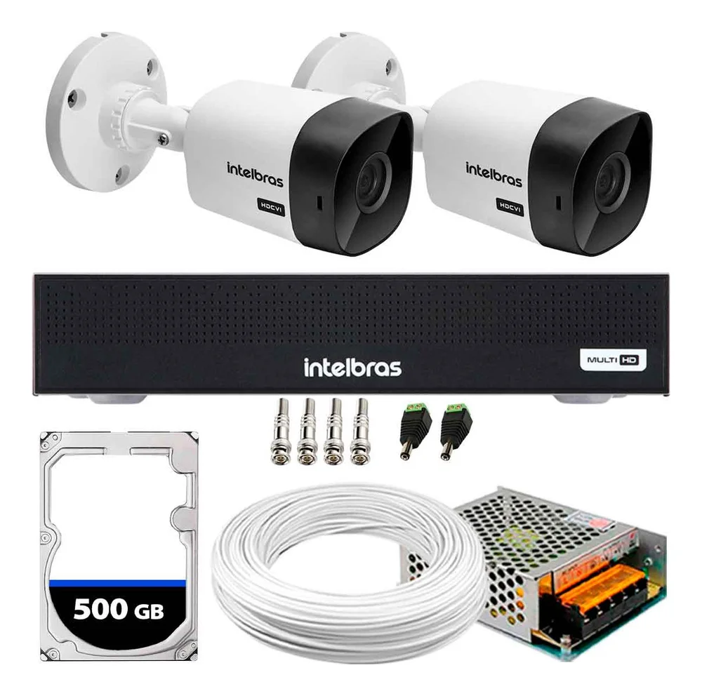 Kit 2 Câmeras Segurança Intelbras 1120B + DVR Intelbras, 4 Canais + HD 500GB