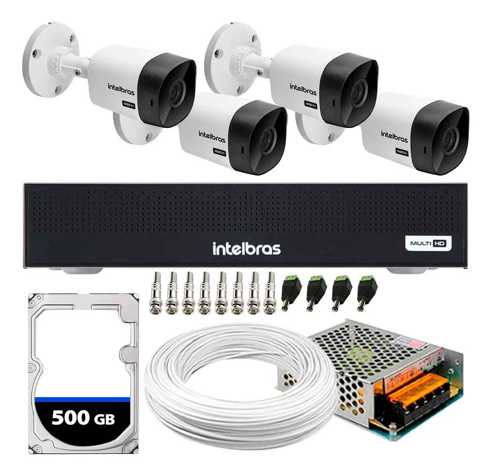 Kit 4 Câmeras Segurança Intelbras 1120B + DVR Intelbras, 4 Canais + HD 500GB