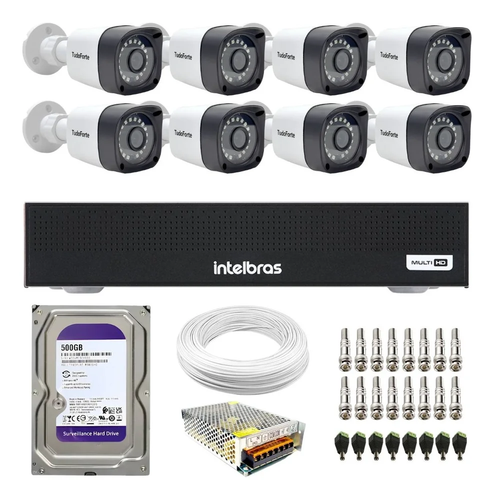 Kit 8 Câmeras Tudo Forte Tf 1220 B Full Hd 1080p Bullet, Com Visão Noturna 20m, Proteção Ip66 + Dvr Gravador Intelbras Mhdx 3008-c 8 Canais + Hd 500gb