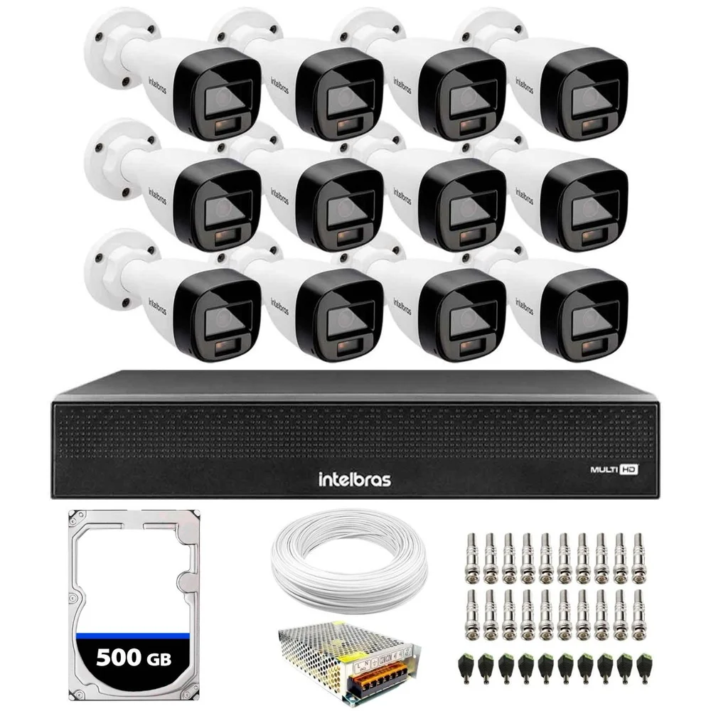 Kit 12 Câmeras Intelbras VHD 1220 B, G7 FULL Color Bullet, FULL HD 1080P, MULTI HD IR 20M + DVR Intelbras MHDX 3116-C, 16 Canais + HD 500GB