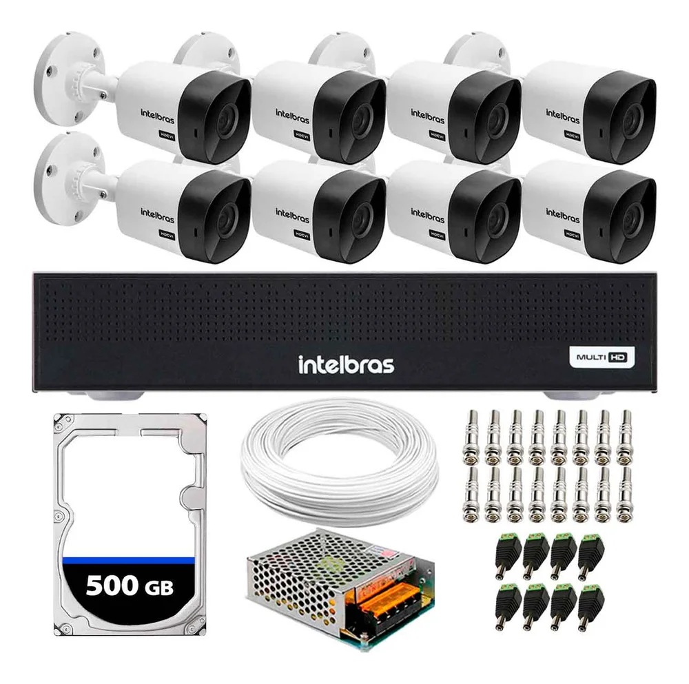 Kit 8 Câmeras Segurança Intelbras 1120B + DVR Intelbras, 8 Canais + HD 500GB