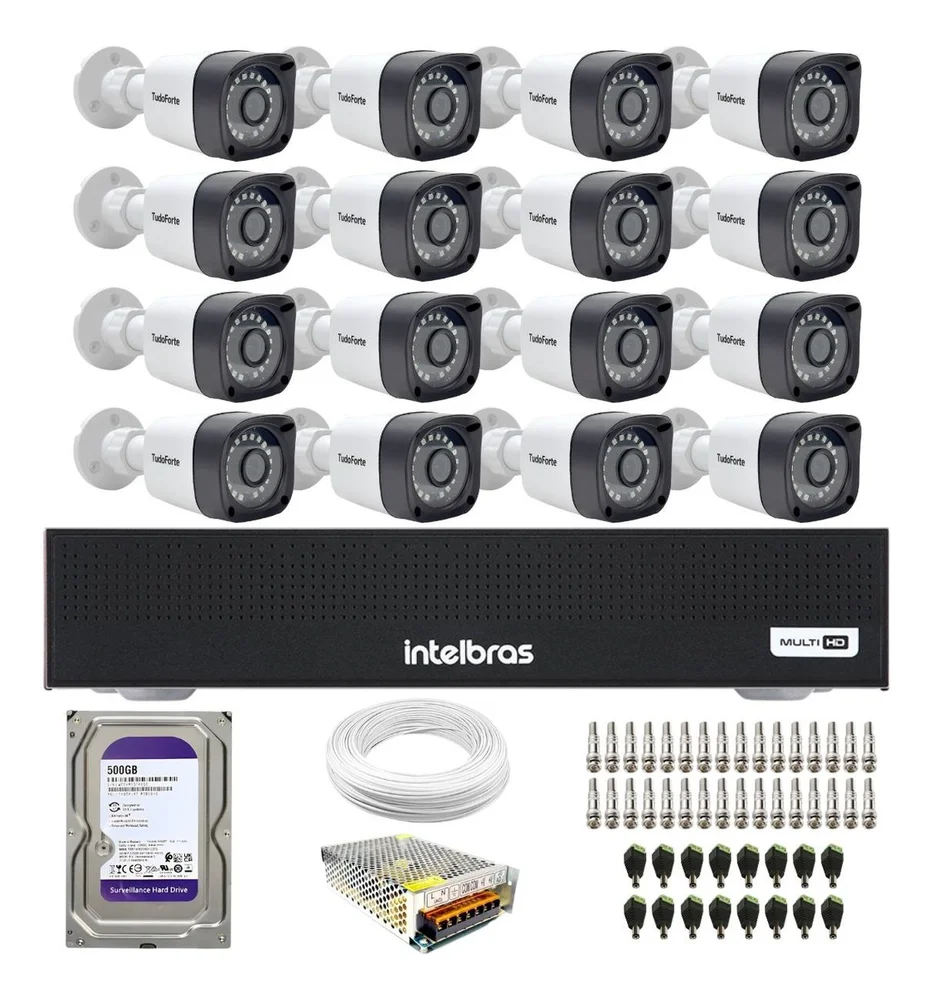 Kit 16 Câmeras Intelbras Tf 1220 B, Full Hd 1080p, Bullet Com Visão Noturna 20m, Proteção Ip66 + Dvr Gravador Intelbras Mhdx 3116-c, 16 Canais + Hd 500gb