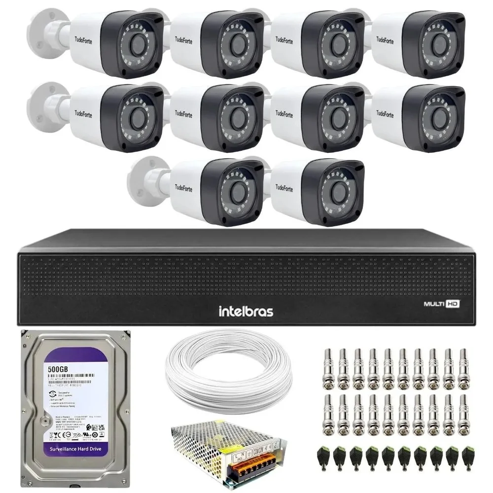 Kit 10 Câmeras Segurança Intelbras TF 1220 B, FULL HD + DVR Intelbras, 16 Canais + HD 500GB