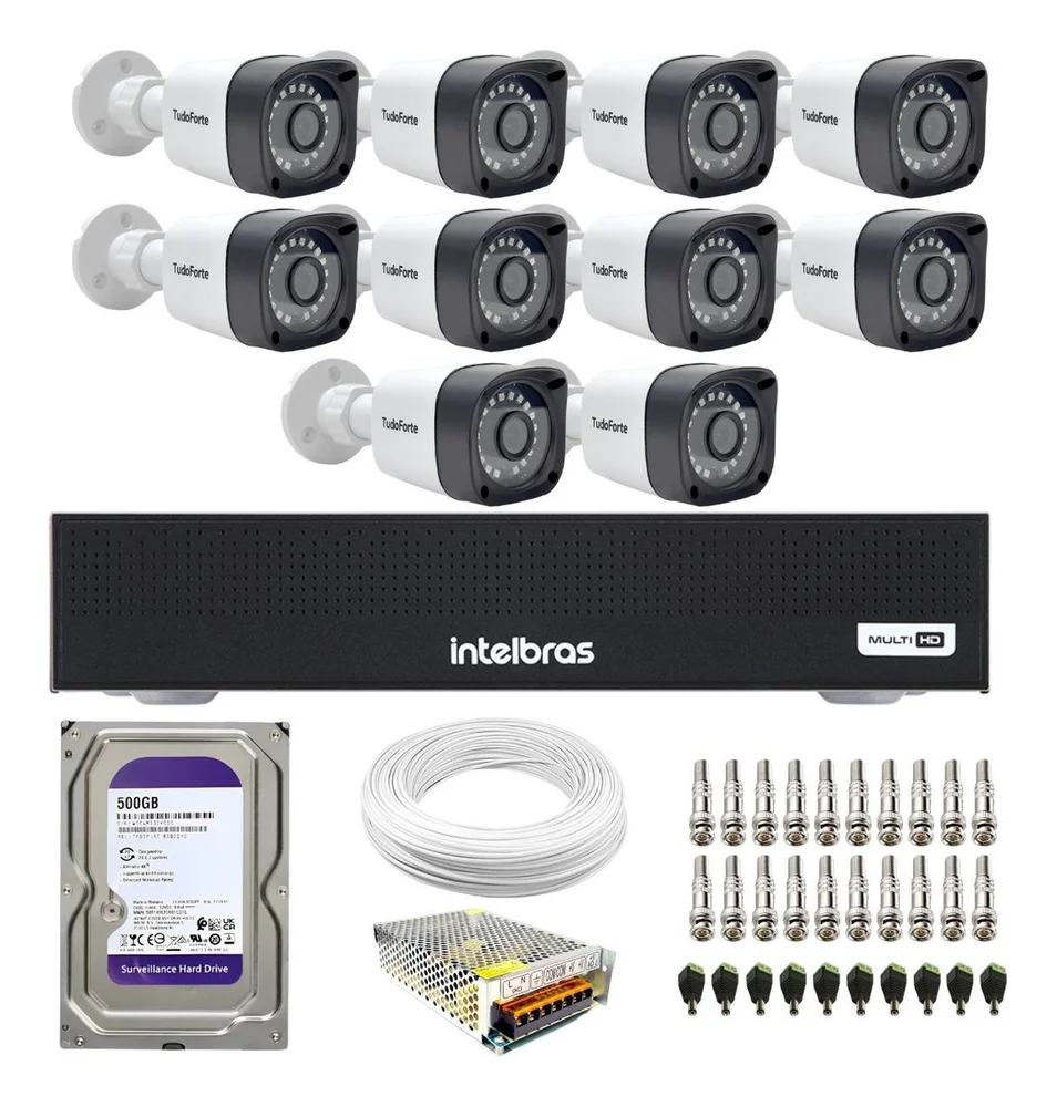 Kit 10 Câmeras Tudo Forte Tf 2020 B Full Hd 1080p Bullet Com Visão Noturna 20m Proteção Ip66 + Dvr Gravador Intelbras Mhdx 3116c 16 Canais + Hd 500gb
